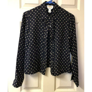 Talbots Petites Women's Silk Black/Tan Polka Dot Ruffled Long Sleeve Blouse  Sz6